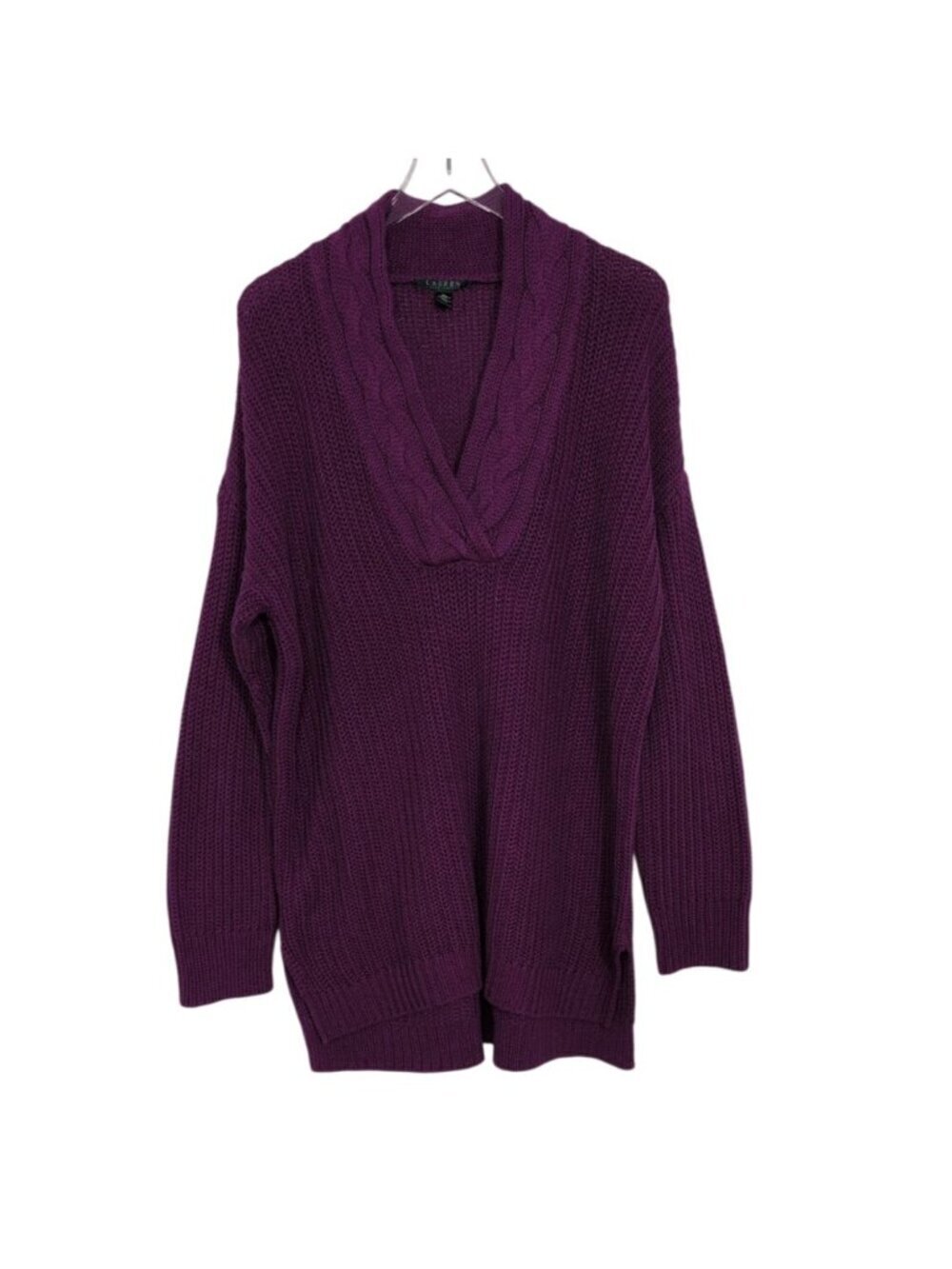 Lauren Ralph Lauren Cable Knit Ribbed Sweater Womens Size XL Purple V Neck